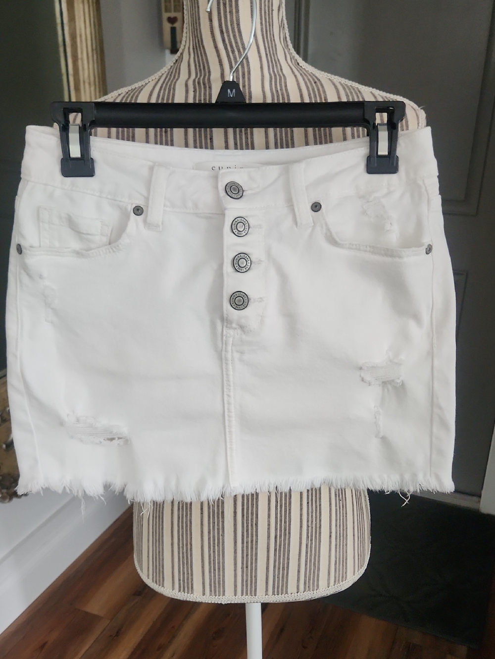 Eunina White Distressed Button-Front Stretch Denim Mini Skirt